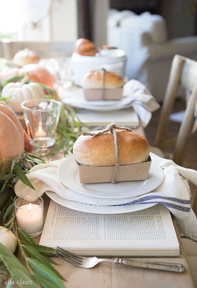 Fall Tablescape with mini breads, soup, and vintage books as chargers | Farmhouse Holiday Series