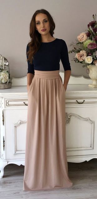 fashion | Classy navy shirt with high waisted neutral maxi skirt #style_inspiration_skirt