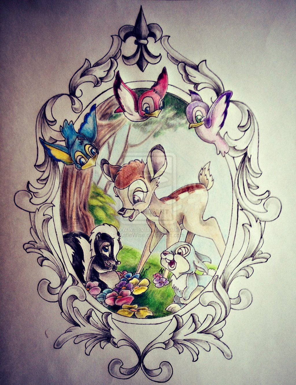 Frame, birds, flowers for my bambi, thumper tattoo