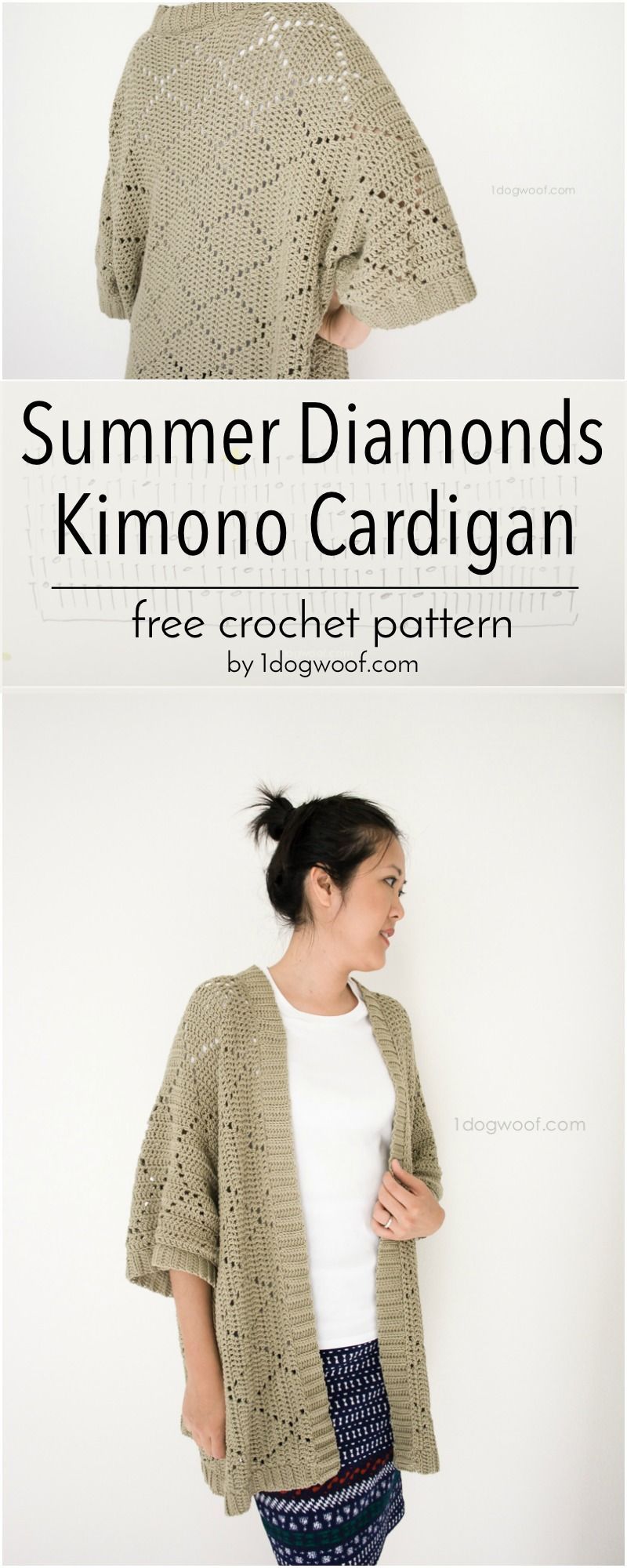 Free crochet pattern for a light summer cardigan, featuring a simple diamond motif. | 1dogwoof.com