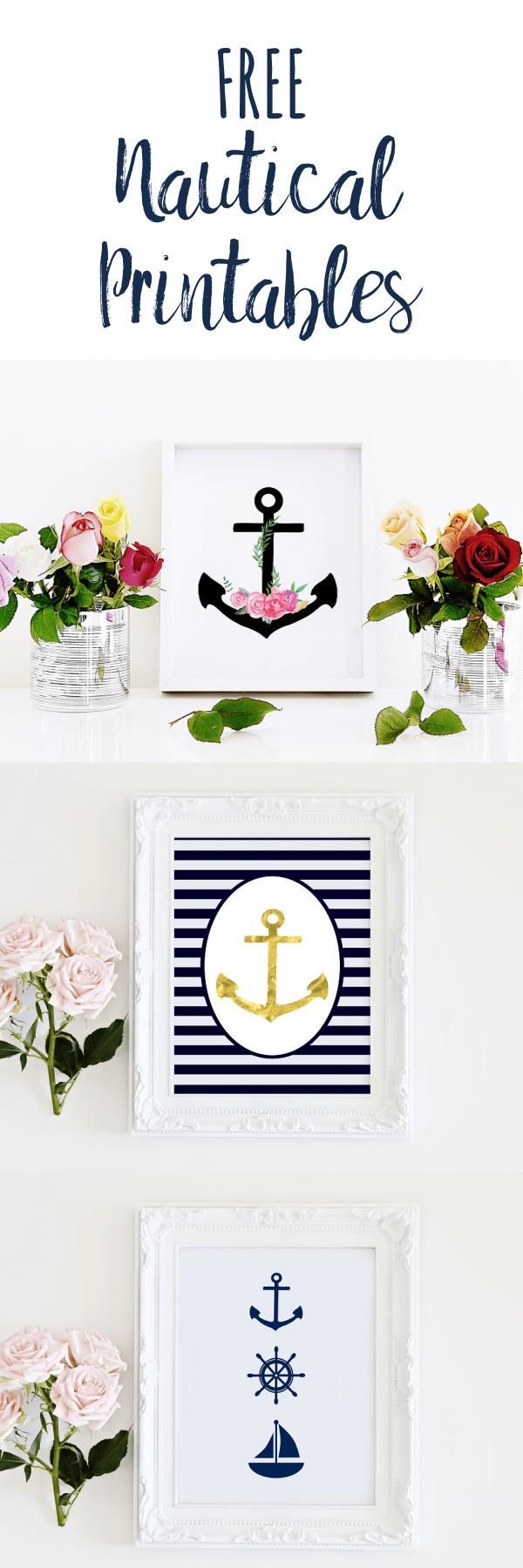 Free nautical printables to add to your wall decor. Prints come in navy and white and black and white. Multiple anchor and