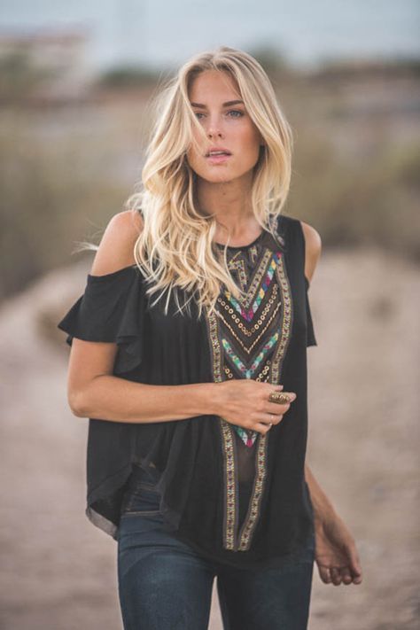 Free People black cold shoulder top. Boho detail. Stitch Fix 2016