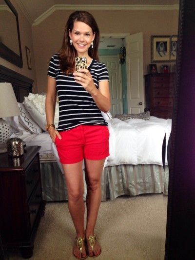 Go bold on the bottom with bright shorts and a basic striped tee. Try sneakers for a day of errands!