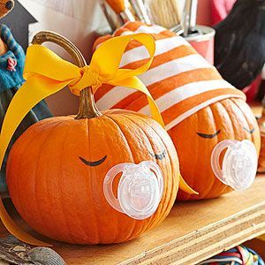 Great Pumpkin Crafts, so easy its scary Binky Babies,  small round pumpkin. cut nipple off pacifier, attach base to pumpkin w/pins