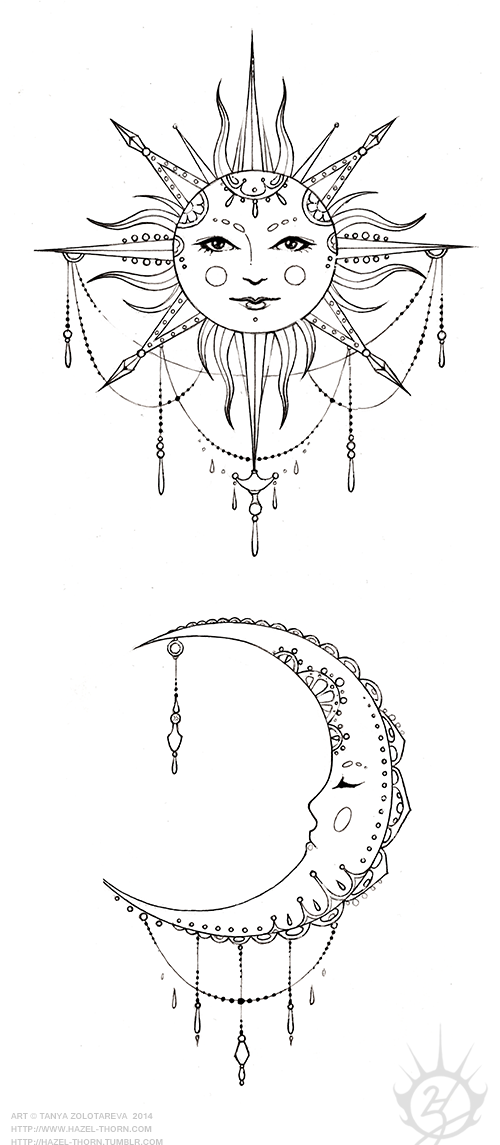 hazel-thorn — Bohemian Sun and Moon, tattoo design (inked)