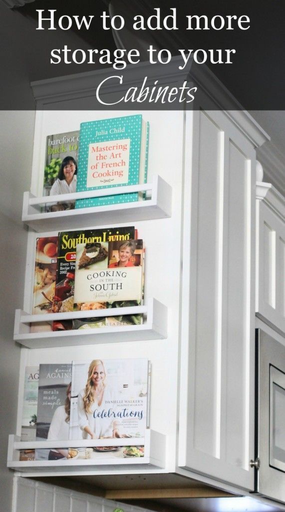 Here is a great and simple idea to add storage to your cabinets.  Now I know what do with my cookbooks!