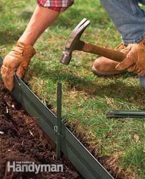 How to Install Metal Edging – (3) Support the Edging With Stakes:  Drive stakes to set the depth at about 1/2″ above the soil