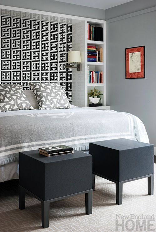 I like the bookshelf idea to frame the bed to make an inlaid headboard with wall paper