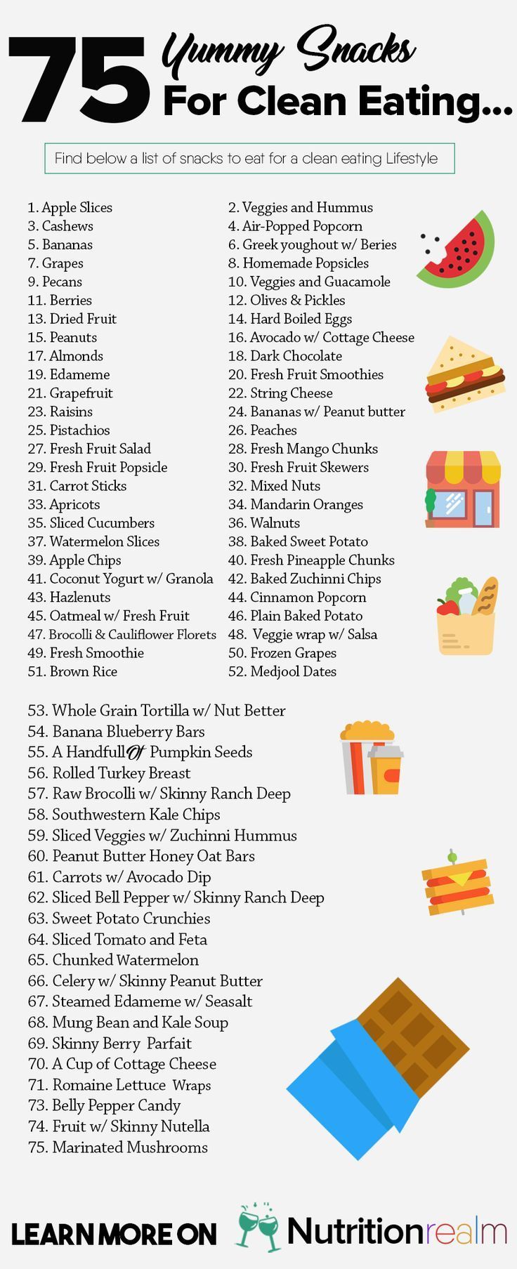If youre looking for a complete snacks list for weight loss then this collection of 75 clean eating snacks under 100 calories is
