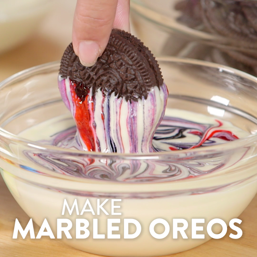 In three easy steps, you can go from a normal package of Oreos to a chocolaty, marble-swirled cookie display that would be perfect