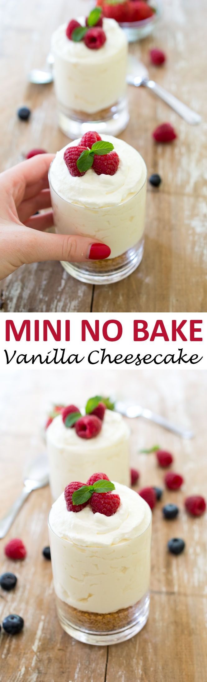 Individual No Bake Vanilla Cheesecake. A super easy no bake dessert that takes less than 15 minutes prep time and only 7