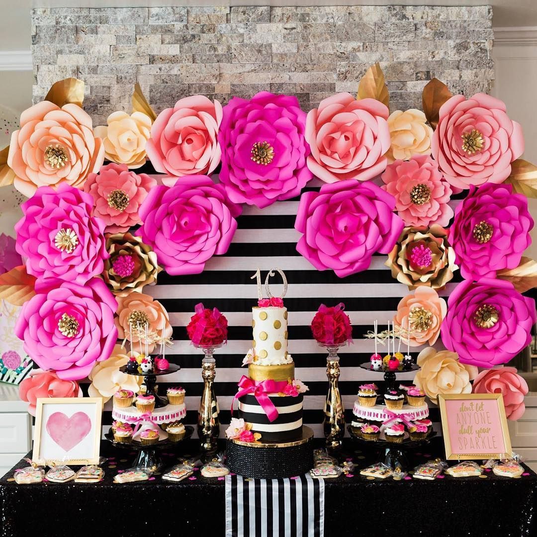Kate Spade Themed 10th Birthday Party for Angelina.  Paper flowers. Hot pink, black, white and gold design. Dessert table. Gift