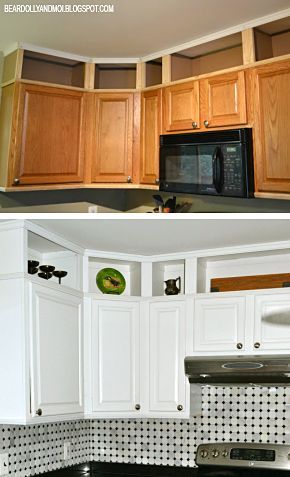 Kitchen before and after utilizing the space above cabinets and painting them.