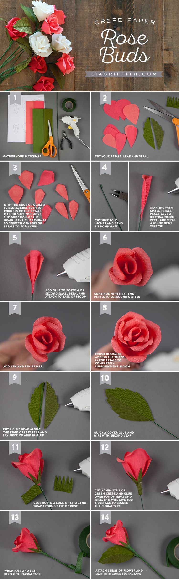 Learn how to make crepe paper rose buds by hand with our printable template and photo tutorial, perfect for a homemade gift to a