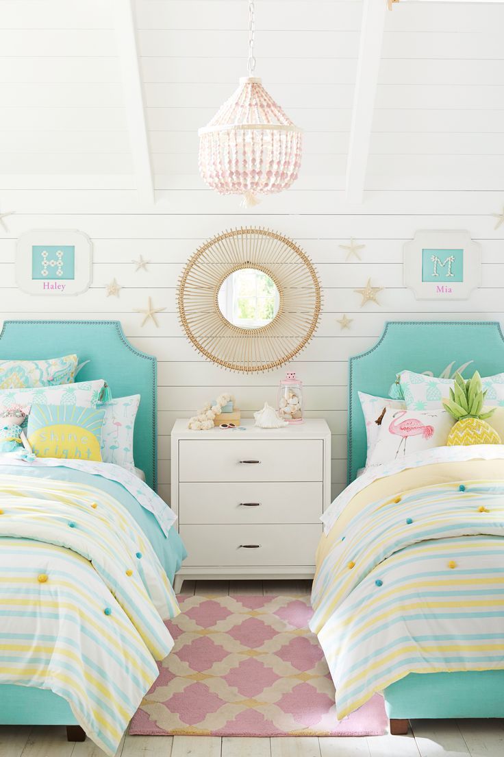 Let the bright colors of summer shine all year long with blue upholstered beds and cool yellow bedding that have subtle touches of