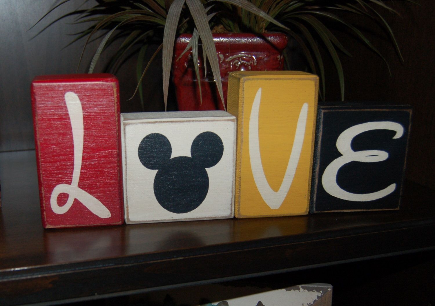 LOVE Mickey Mouse Disney Primitive Letter Distressed Sign Blocks Wedding Home Decor by SimpleBlockSayings on Etsy www.etsy.com/…