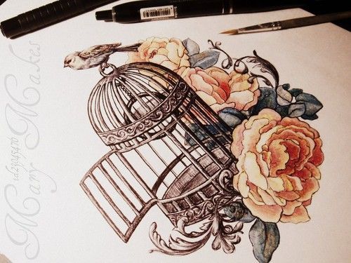 love the flowers and the bird cage. #tattoo_leg_thigh
