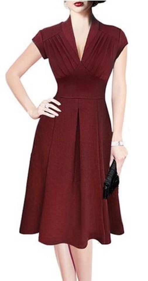 Love this dress~~clean and simple lines! Retro style V-neck wine ruby red short-sleeve dress