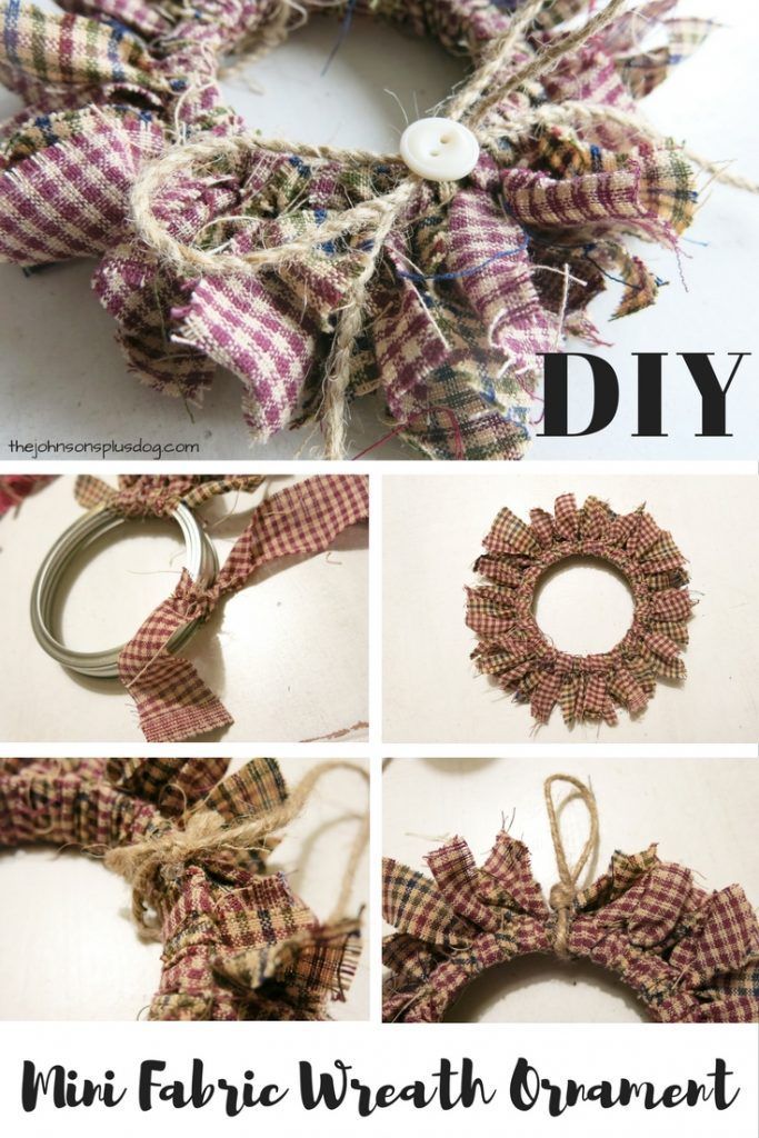 Love this idea of using a mason jar lid ring to make a mini wreath ornament ! DIY Homespun Fabric Christmas Ornaments – Click