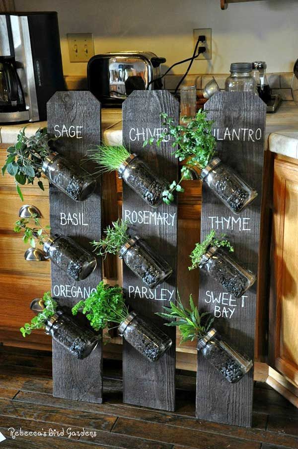 Make a Vertical Indoor Herb Garden Using Pallet Wood with Mason Jars. Top 23 Cool DIY Kitchen Pallets Ideas You Should Not Miss