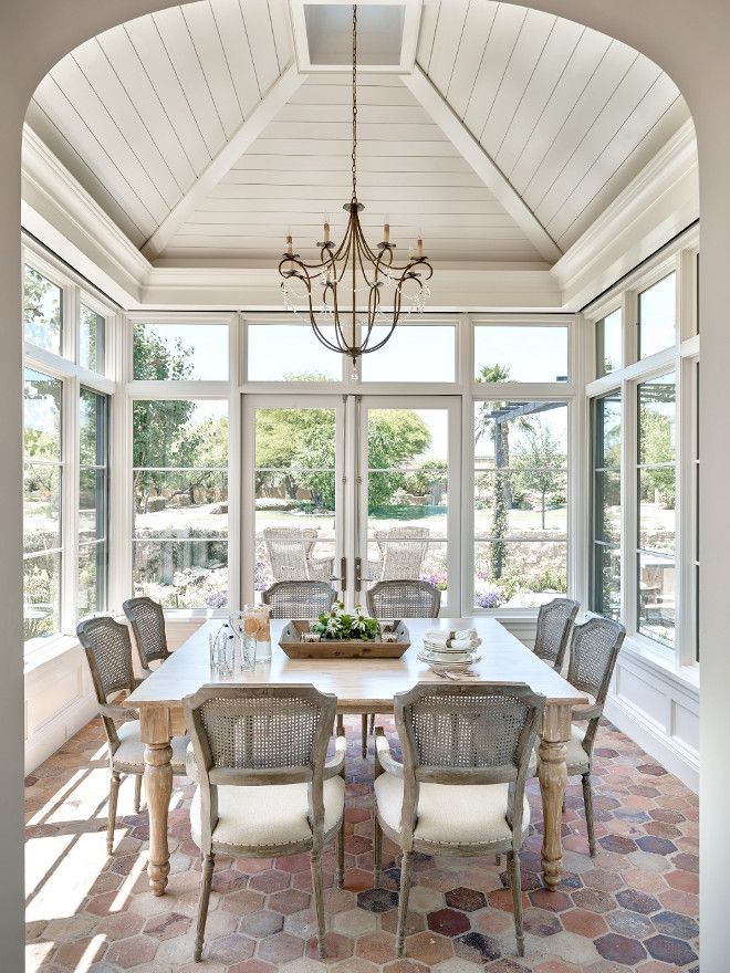 May we brunch here? Breakfast room with shiplap ceiling and beautiful light from the three sides of windows.