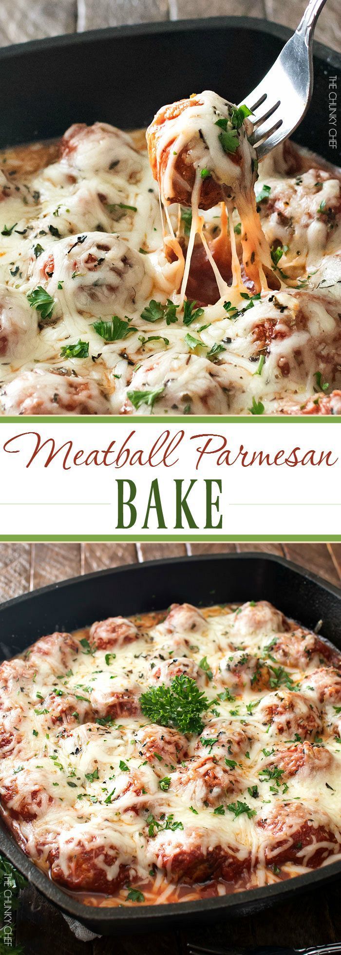 Meatball Parmesan Bake | Melt in your mouth homemade meatballs coated in marinara sauce, topped with Italian cheeses and baked to