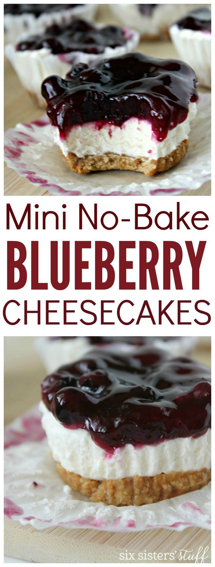 Mini No Bake Blueberry Cheesecakes from SixSistersStuff.com | Best Dessert Recipes | Cheesecake Recipe | Party Food | Easter