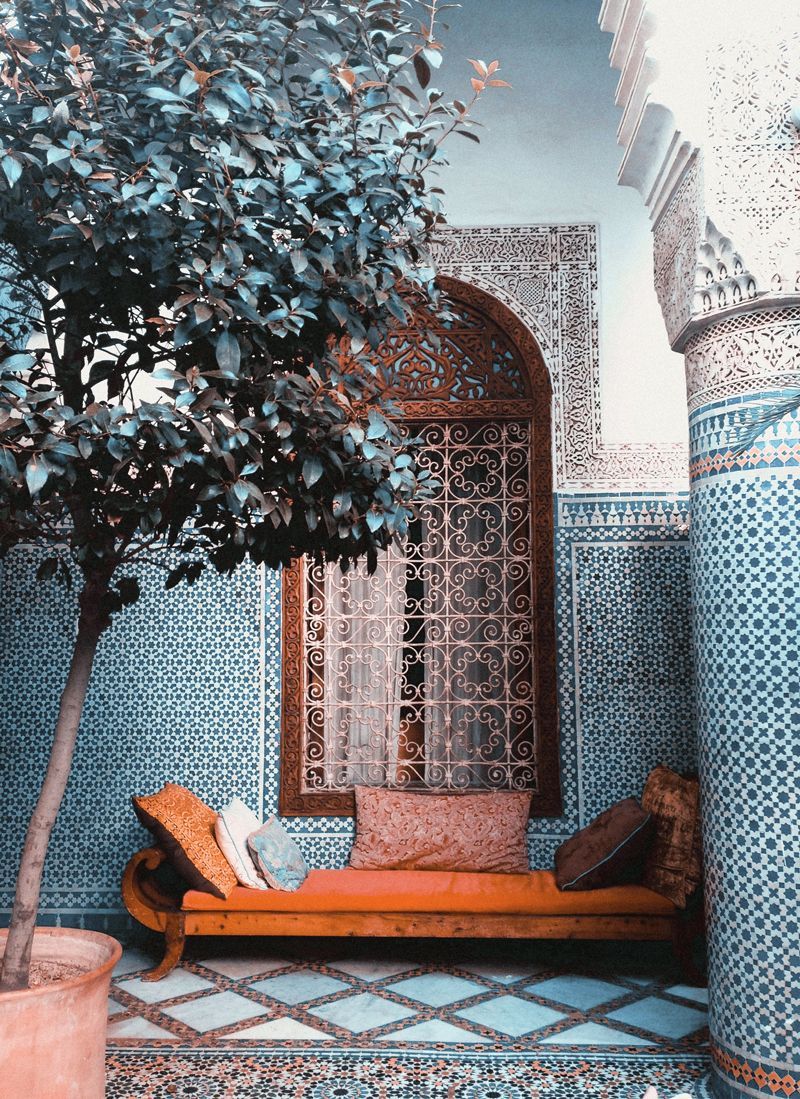 Morocco colour palette – duck egg blue and burnt orange with hints of chalky jade and salmon.