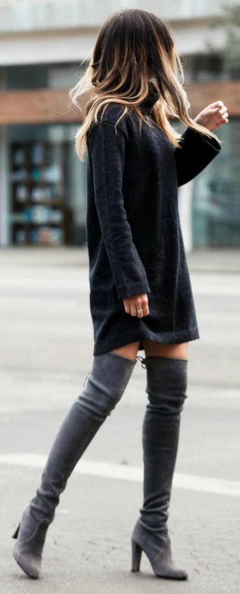 Pam Hetlinger + super cute fall style + knitted sweater dress + pair of thigh high suede boots + subtle tone + simplistic yet