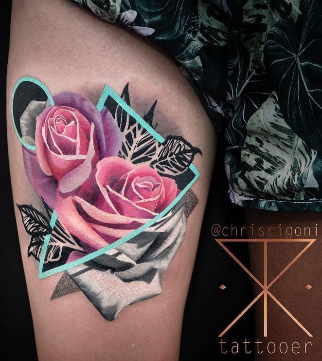 Pink Rose on Leg Tattoo #geometric_tattoo_color