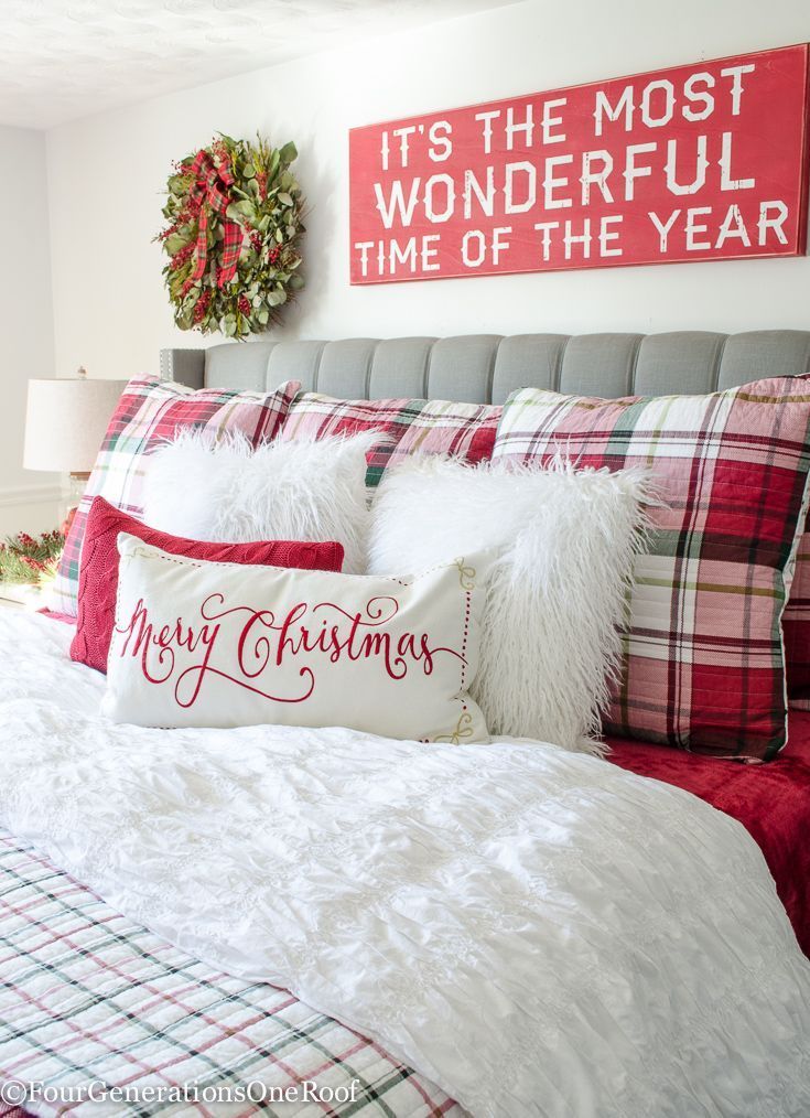 Plaid Christmas Bedroom / Featuring white walls, Red Plaid Bedding and a full spruce Christmas tree. How to decorate a white and