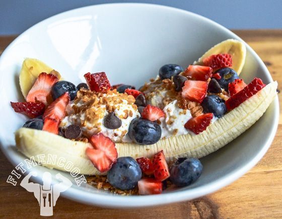 Post Cardio Protein Banana Split via Fit Men Cook (my FAVORITE healthy food blog) www.fitmencook.com