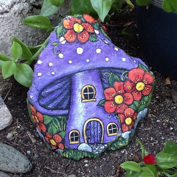 PURPLE MUSHROOM HOUSE pretty little painted rock home for fairy or gnome, perfect for the garden
