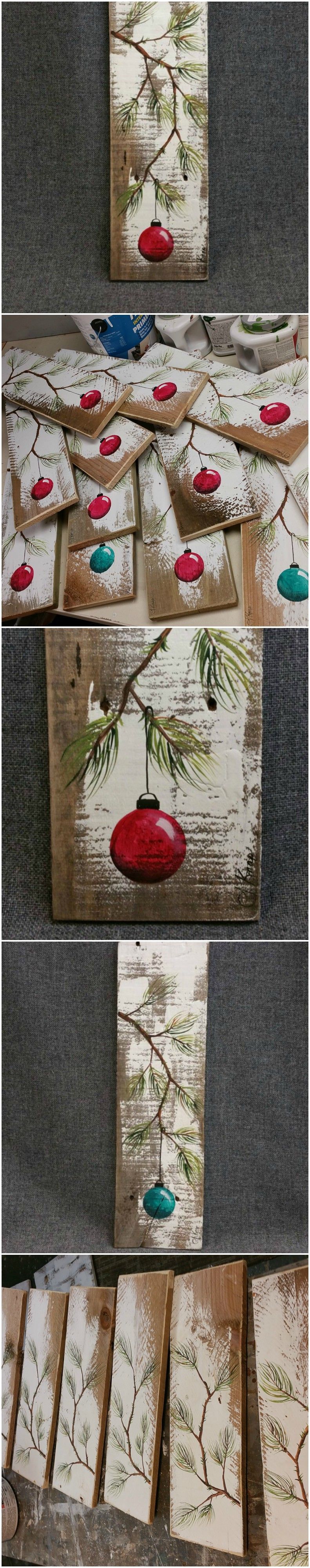 RED Hand painted Christmas decoration, GIFTS UNDER 25, Pine Branch with Red Bulb, Reclaimed barnwood, Pallet art, Shabby chic