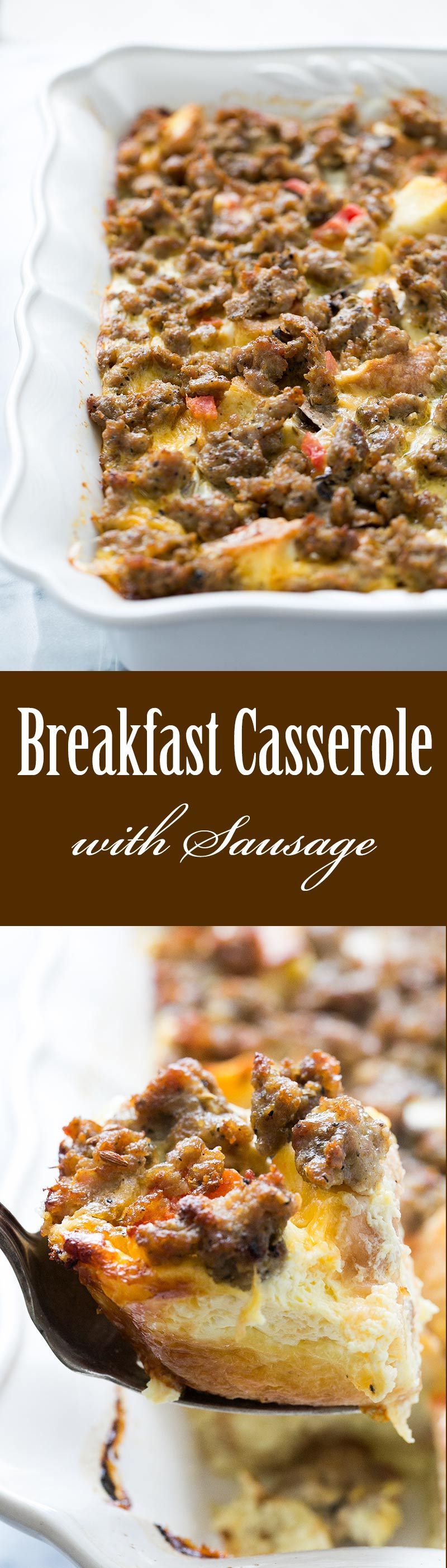 Sausage Breakfast Casserole ~ EASY sausage breakfast casserole! With eggs, sharp cheddar cheese, cubed day old bread, and Italian