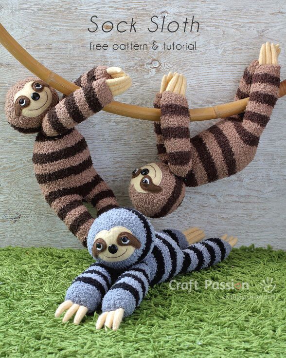 Sew cute  sluggish looking sock sloth, Smie. It is 16″ long sewn from chenille socks, with 3 claws on each limb, big groggy eyes