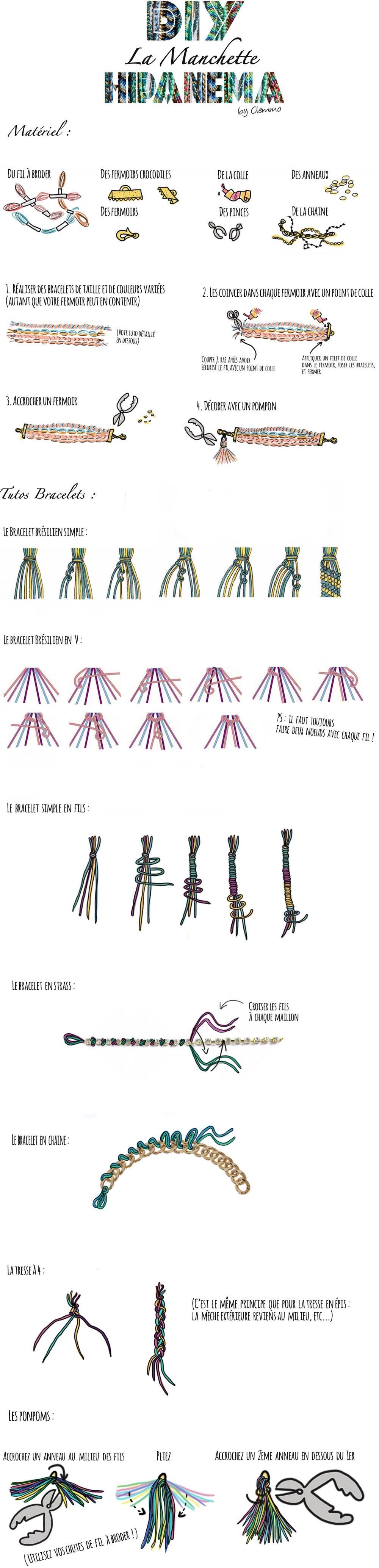 Simple tutorial in french for hipanema bracelets. Images are easy to follow! #diy_bracelets_manchette