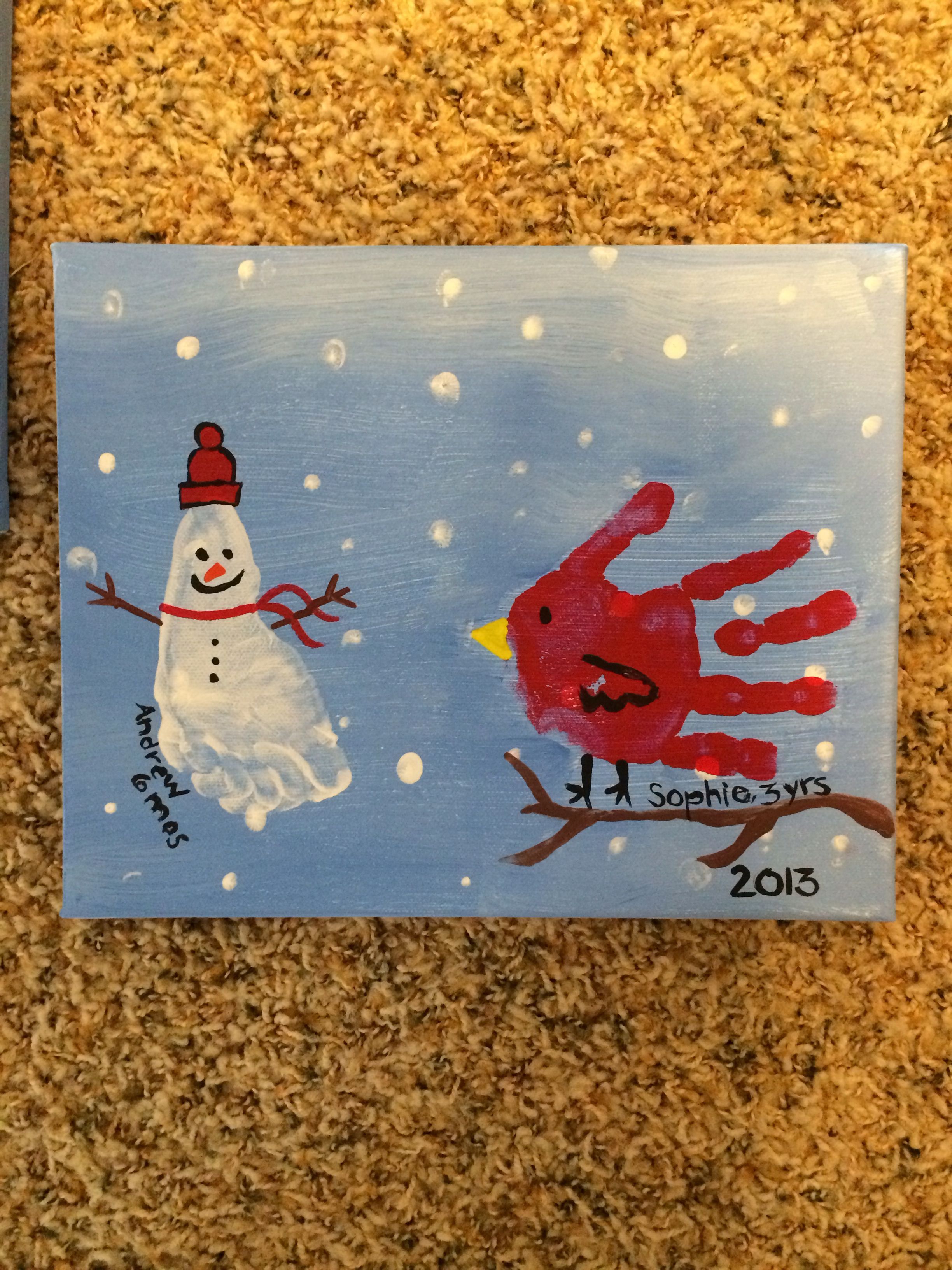 Snowman footprint and cardinal handprint grandparent Christmas gift