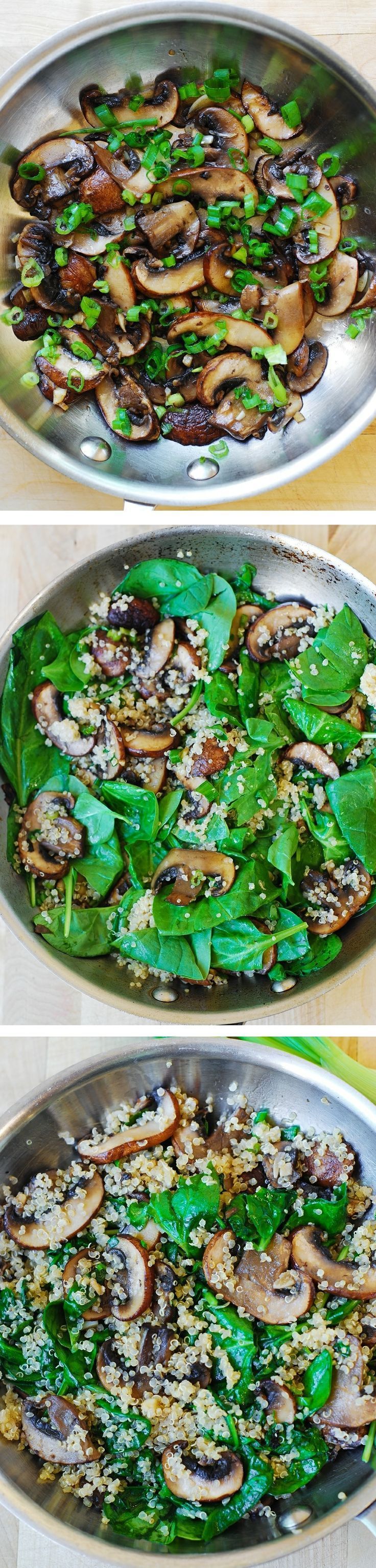 Spinach and Mushroom Quinoa Sautéed in Garlic and Olive Oil