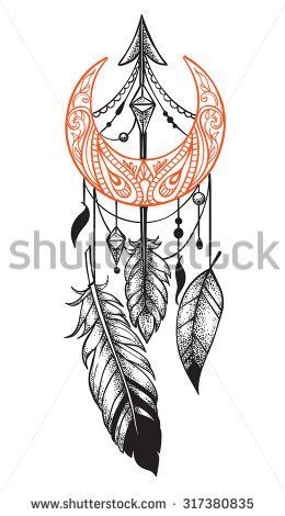 stock-vector arrow in-ethical-pattern-with feathers and crescent moon in style tattoo-dotwork-317380835.jpg (260×470)