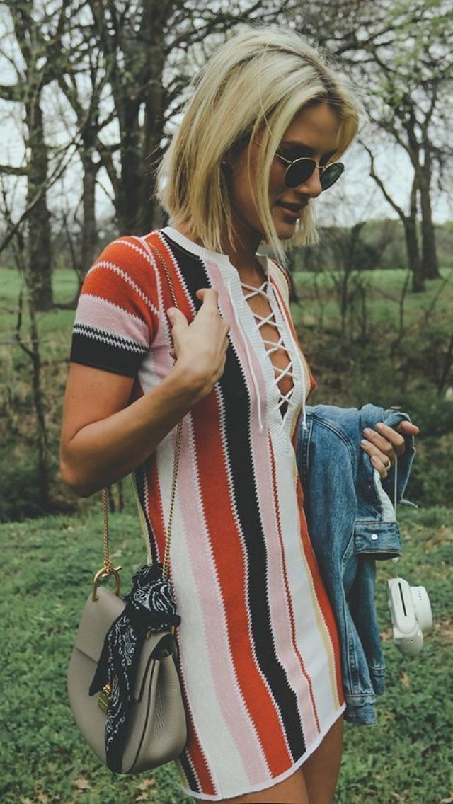 Summer stripes dress / boho style casual lace up / retro vibes / bohemian festival chic