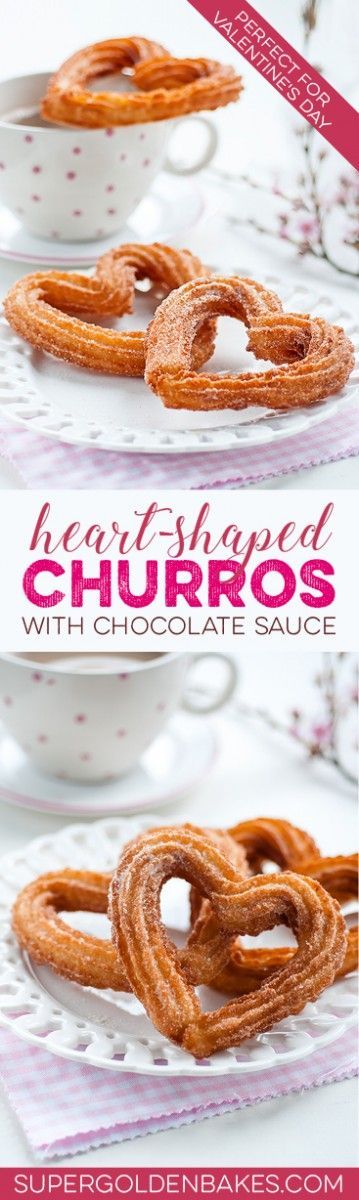 Surprise your loved one with these totally irresistible heart-shaped churros with chocolate sauce. Perfect for Valentines day!