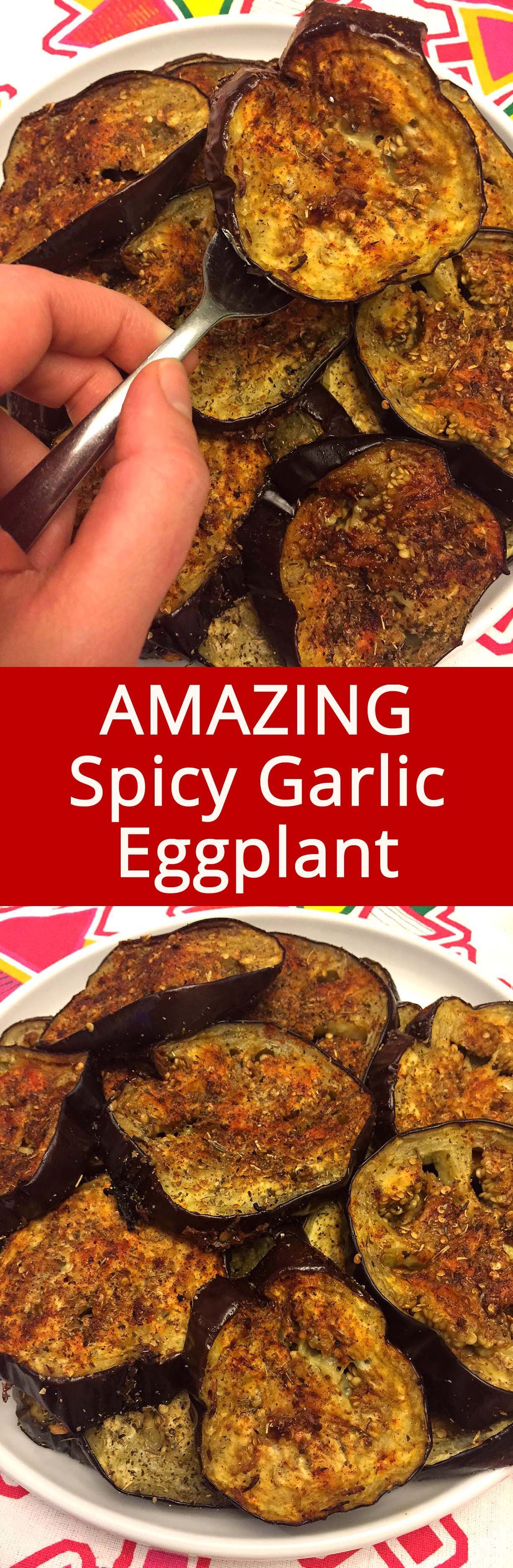 These spicy garlic eggplant slices are so addictive! LOVE this recipe! #eggplant_recipes_bbq