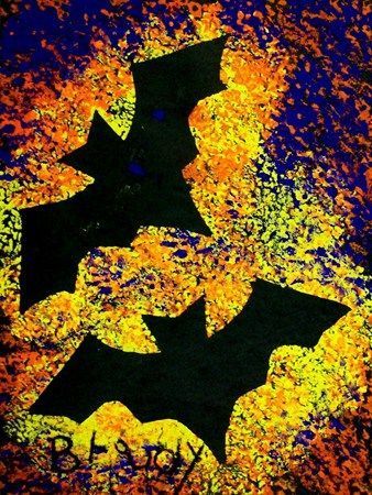 This bat silhouette painting is dramatic inspiration for Halloween. Use a bat stencil with bright paints on dark paper. Very