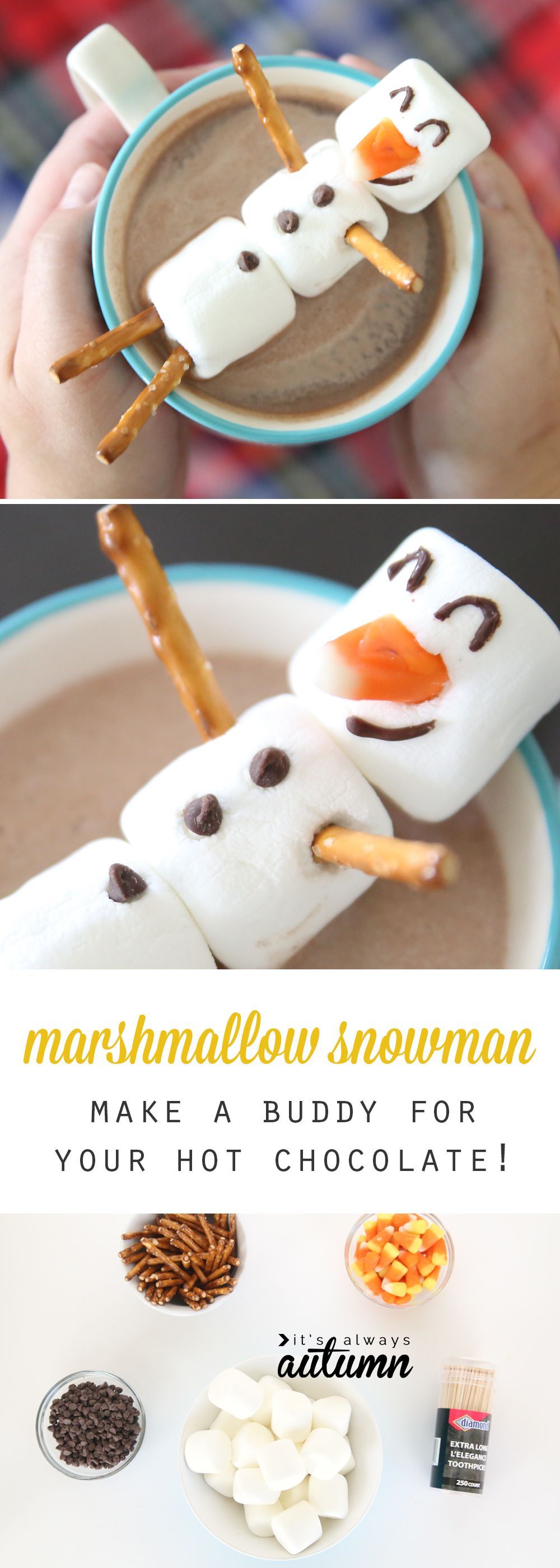 This is so awesome! How to make a snowman out of marshmallows to float in your hot chocolate. Fun winter craft activity for kids.