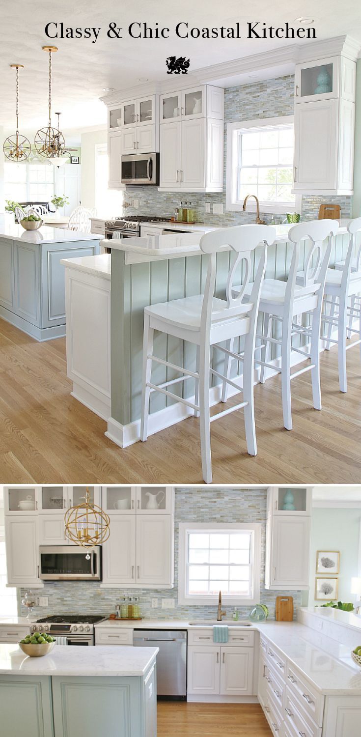 This white kitchen with seaside hues by Sand & Sisal provides a lovely backdrop for any hosting occasion. [Featured Design: