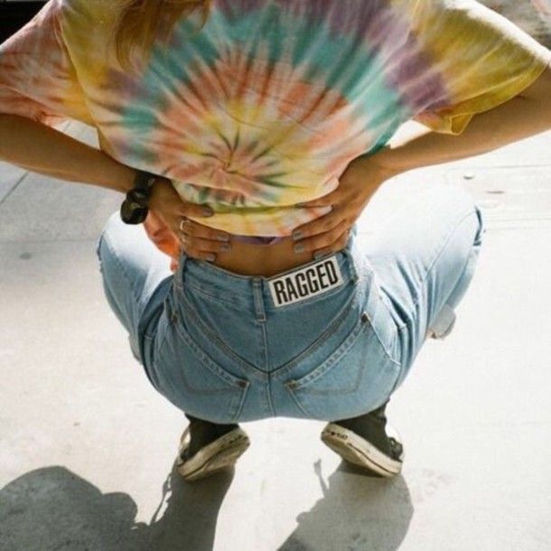 Top: tie dye pastel tie shirt grunge high waisted jeand ragged 90s style tie dye shirt mom jeans