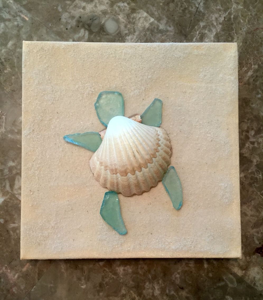 Turtle canvas made by Kristina Gavigan- painted canvas with real sand added then turtle made out of glittered shell and sea glass