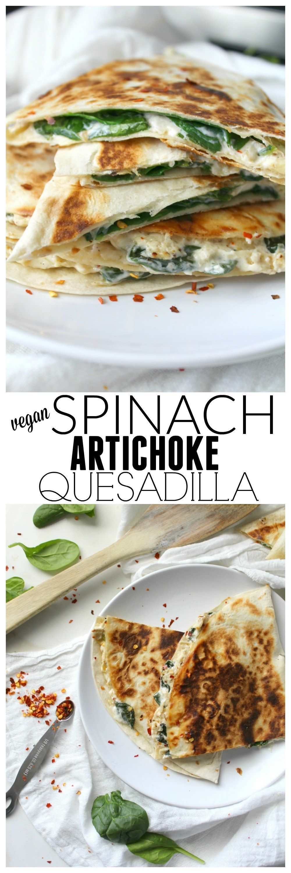 Two favorite snacks are combined into one with these Vegan Spinach Artichoke Quesadillas. These are ooey, gooey and super