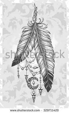 Two feathers tattoo with pendants in the form of crystals and crescent style Dotwork on a patterned background – stock vector